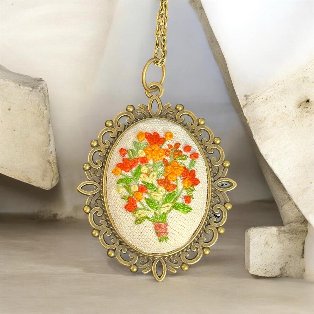Handmade Embroidery Yellow, Red, and Orange Wildflower Bouquet Pendant Necklace